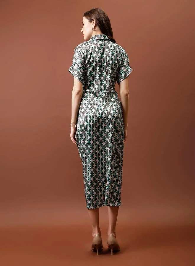 أثينا فستان ميدي ساتان بطبعة أثينا مع تفاصيل بليسيه